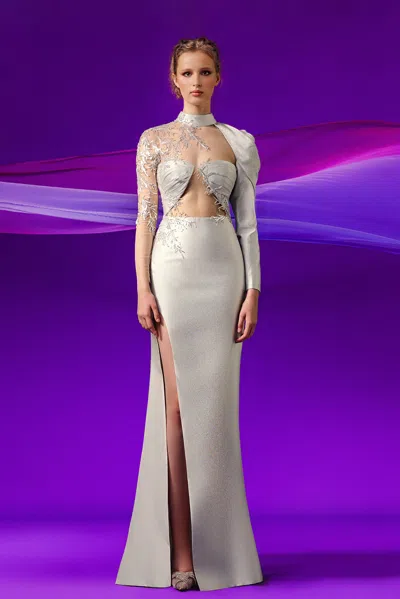 Gatti Nolli By Marwan Embroidered Cut-out Illusion Gown In Gray