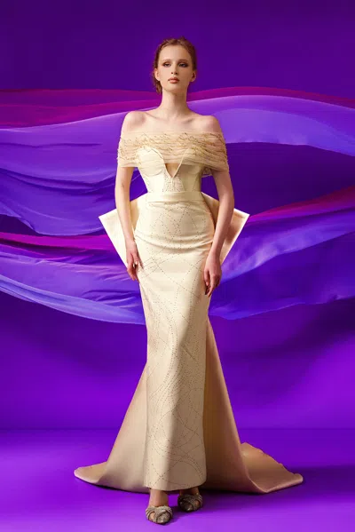 Gatti Nolli By Marwan Off Shoulder Fitted Gown With Back Bow In Neutral