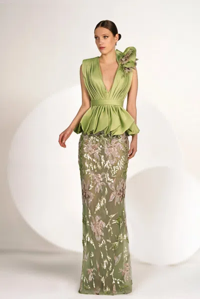 Gatti Nolli By Marwan Pleated Top With Embroidered Skirt In Green