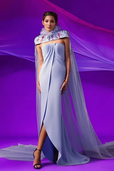 Gatti Nolli By Marwan Strapless Crepe Gown With Tulle Cape In Blue
