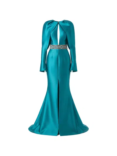 Gattinolli By Marwan Beaded-waist Open-back Gown In Blue