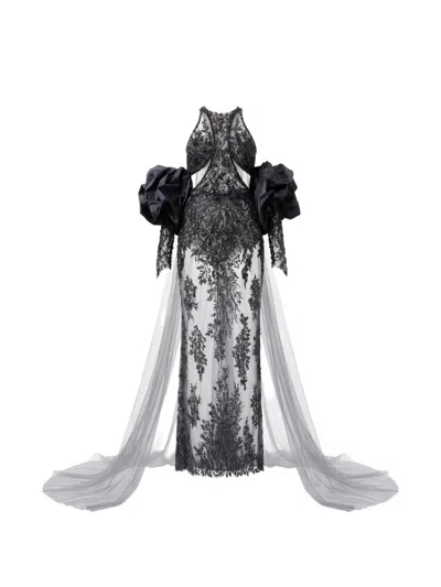 Gattinolli By Marwan Bead-embellished Ruffled-sleeve Gown In Black