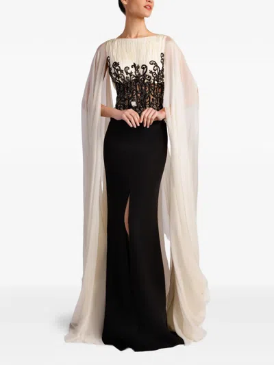 Gattinolli By Marwan Embroidered Cape-sleeve Gown In Multi