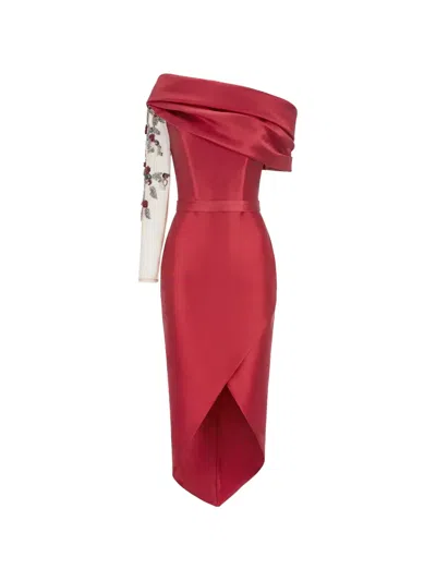 Gattinolli By Marwan Embroidered-sleeve Wrap-skirt Midi Dress In Red