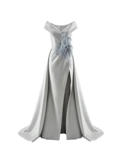 Gattinolli By Marwan Feather-embellished Gown Dress In Silver