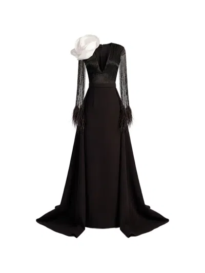 Gattinolli By Marwan Flower-detail Fringed Mermaid Gown In Black