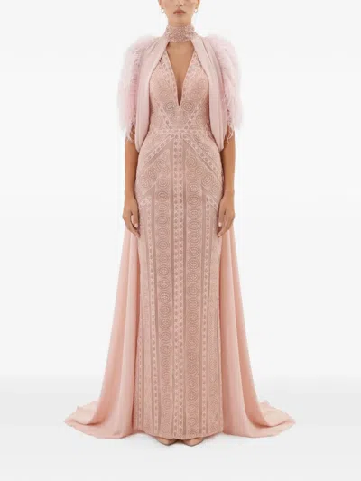Gattinolli By Marwan Lace Feathered-trim Gown In Pink