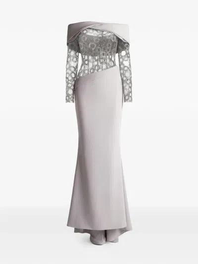 Gattinolli By Marwan Off-shoulder Embroidered Gown In Gray