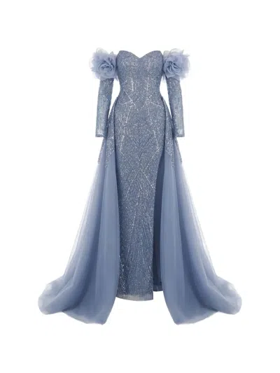 Gattinolli By Marwan Off-shoulder Sequin-embellished Gown In Blue