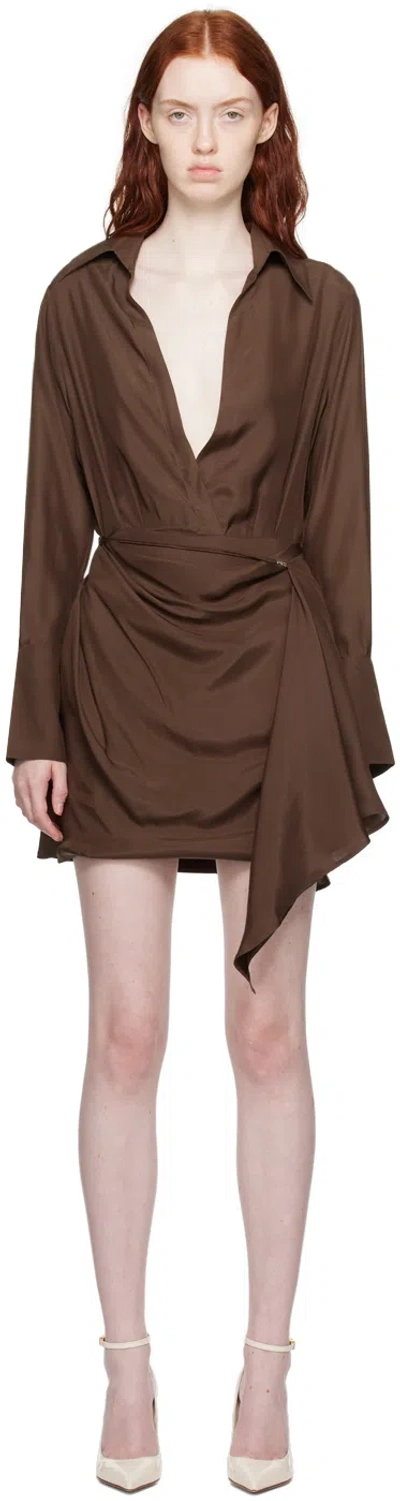 Gauge81 Gravia Draped Wrap-effect Silk-satin Mini Shirt Dress In 251 Chocolate