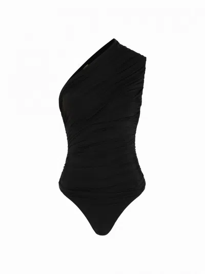 Gauge81 Tera One Shoulder Draped Jersey Bodysuit In Black