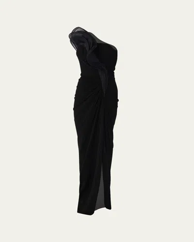 Gaurav Gupta One-shoulder Draped Ruffle Gown In Black