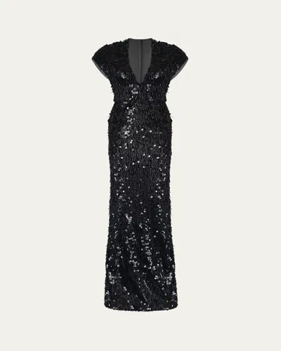 Gaurav Gupta Plunging Fringed Cap-sleeve Column Gown In Black