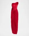 Gaurav Gupta Sculptural Strapless Draped Satin Corset Gown In Red