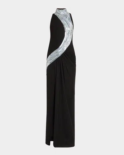 Gaurav Gupta Wave Crystal Embroidered Slit Gown In Black With Comet Blue