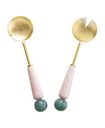 Gauri Kohli Copenhagen Salad Servers, Set Of 2 In Shades Of Pink/green And Gold