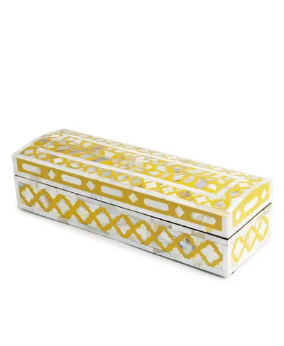 Gauri Kohli Jodhpur Mother Of Pearl Decorative Box, 12 In Mustard And Ivory