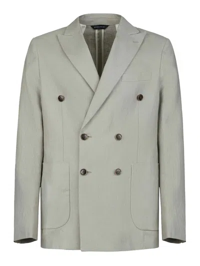 Gazzarrini Sage Green Linen Double-breasted Blazer In Gray