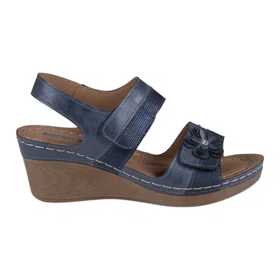 Gc Shoes Women's Tulip Stay-put Double Band Flower Wedge Sandals In Blue