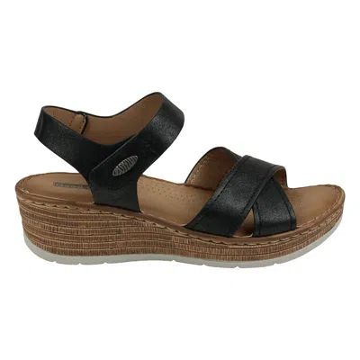 Gc Shoes Vienna Black Cross Strap Velcro Slingback Wedge Sandals