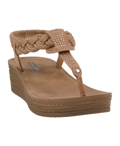 Gc Shoes Women's Ivana Embellished T Strap Wedge Sandals In Tan
