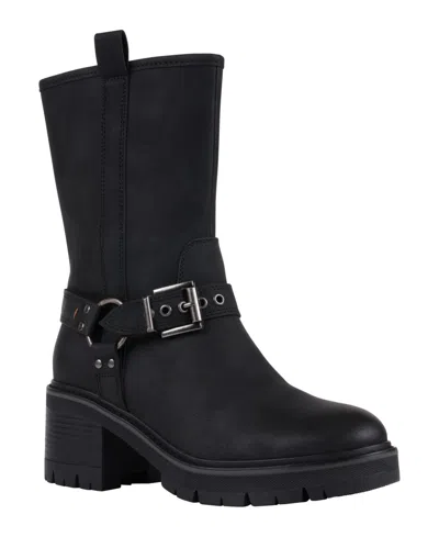 Gc Shoes Women's Knox Buckle Lug Sole Block Heel Mid Calf Boots In Black