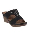 Gc Shoes Lisette Perforated Black T-strap Flower Wedge Sandals In Black