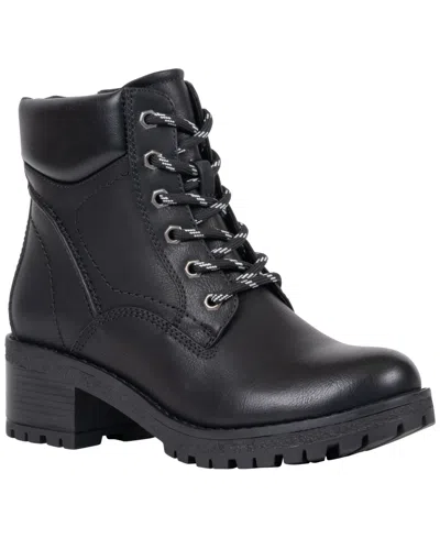 Gc Shoes Women's Mara Faux Leather Padded-ankle-collar Block-heel Lace-up Ankle Boots In Black