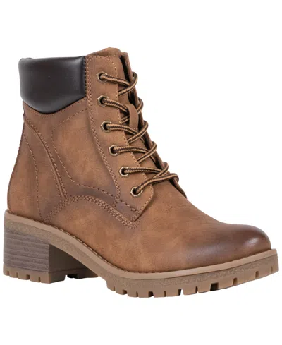 Gc Shoes Women's Mara Faux Leather Padded-ankle-collar Block-heel Lace-up Ankle Boots In Brown