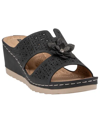 Gc Shoes Women's Nancia Floral Round Toe Wedge Sandals In Black