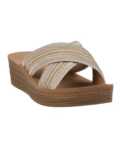 Gc Shoes Women's Robyn Embellished Crisscross Strap Wedge Sandals In Gold