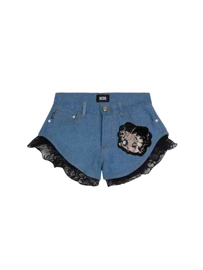 Gcds Betty Boop Stonewashed Denim Lace Shorts In Blue