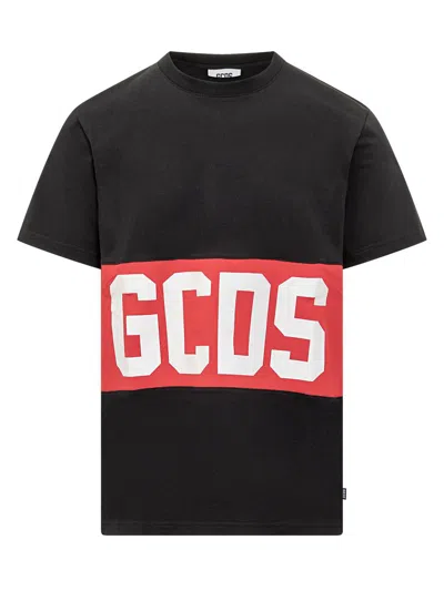 GCDS GCDS BLACK T-SHIRT WITH RED GCDS LOGO HEADBAND