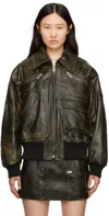Gcds Workwear Rub-off Leather Bomber Jacket In 02 Black