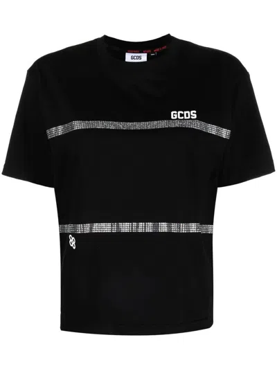 Gcds Rhinestone-striped T-shirt In Black