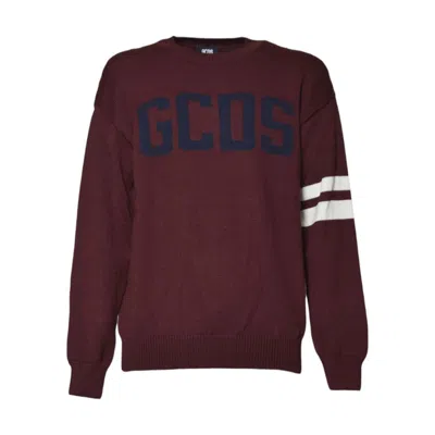 GCDS BORDEAUX KNIT SWEATER WITH NAVY LOGO AND STRIPED SLEEVES