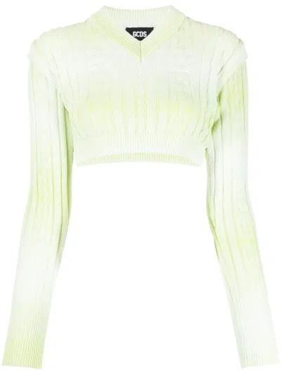 Gcds Braids Faded-effect Knitted Cropped Top In Green