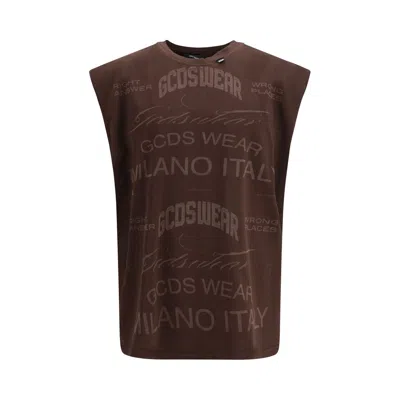Gcds History Sleeveless T-shirt In Cotton With All-over History Print In Brown