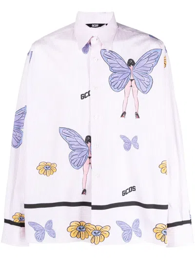 Gcds Butterfly-print Cotton Shirt In Pink