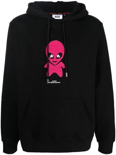 Gcds Cotton Alien-patch Drawstring Hoodie In Black