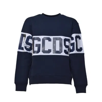 Gcds Cotton Sweatshirt With Contrasting Logo Band In Blue