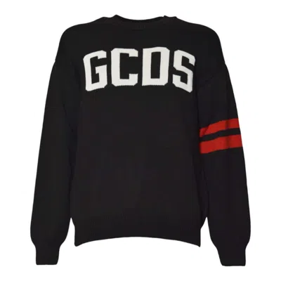 GCDS CREW NECK SWEATER WITH BOLD LOGO AND STRIPED ACCENTS