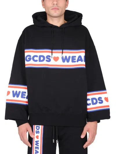 Gcds Cute Tape Logo Sweatshirt With Hood And Drawstring In Blue
