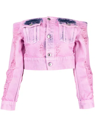 Gcds Frayed Cropped Denim Jacket In Pink