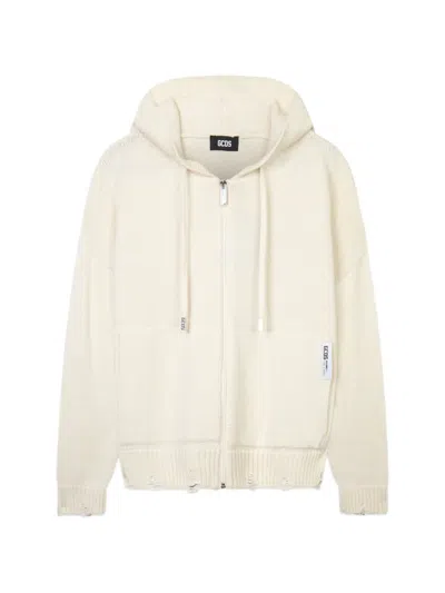 Gcds Distressed Logo-perforated Hoodie In Neutral
