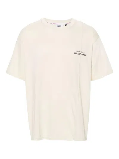 Gcds Embroidered-logo Cotton T-shirt In Neutral