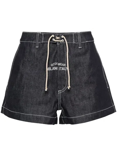 Gcds Embroidered-logo Denim Shorts In Blue