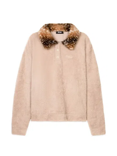Gcds Faux-fur Long-sleeve Polo Shirt In Pink