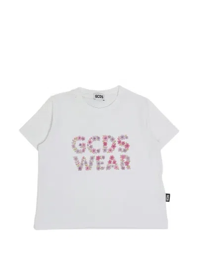 Gcds Floral-embroidered Logo-print T-shirt In White