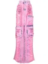 Gcds Frayed-denim Cargo Maxi Skirt In Pink